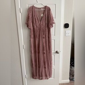 Mauve Embroidered Maxi Dress with Flutter Sleeves
